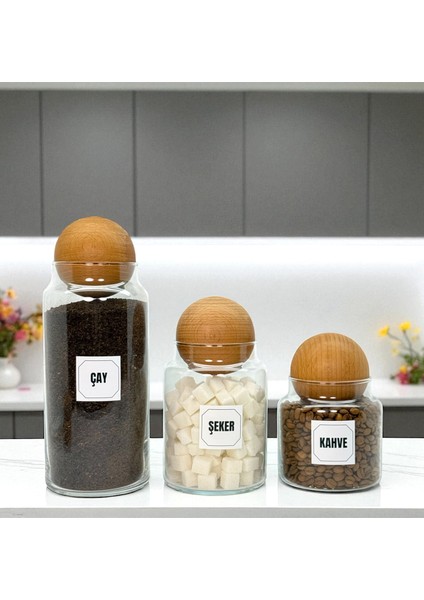 Ahşap Top Kapaklı Cam Çay Şeker Kahve Saklama Kavanozu Seti Kahve Köşesi Etiket Hediyeli modelleri