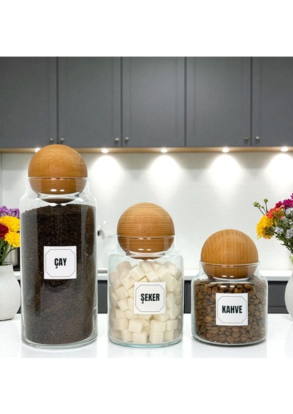 Ahşap Top Kapaklı Cam Çay Şeker Kahve Saklama Kavanozu Seti Kahve Köşesi Etiket Hediyeli fırsatları