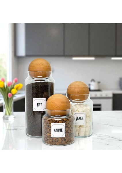 Ahşap Top Kapaklı Cam Çay Şeker Kahve Saklama Kavanozu Seti Kahve Köşesi Etiket Hediyeli indirimleri