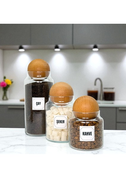 Ahşap Top Kapaklı Cam Çay Şeker Kahve Saklama Kavanozu Seti Kahve Köşesi Etiket Hediyeli