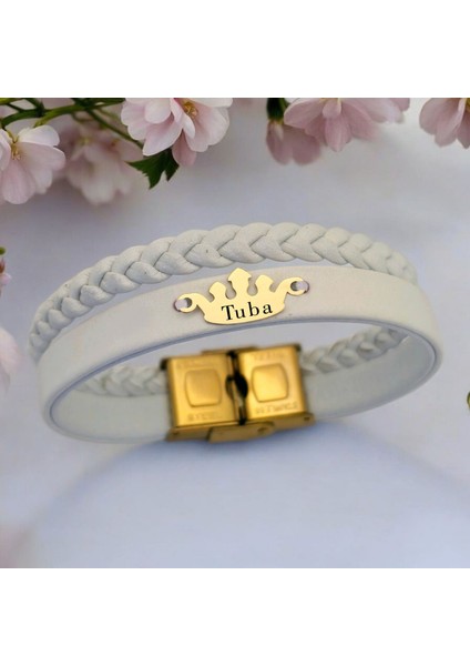 Altın Plakalı 14 Ayar Tuba Ismine Özel Hakiki Beyaz Derili Taç Motifli Hediye BILEKLIK-645ISIM fiyatları