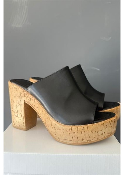 Kadın Oven Siyah Cilt 10 cm Platfom Topuklu Mantar Taban Terlik K-850 fırsatları