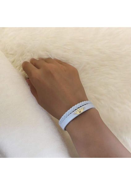 14 Ayar Altın Plakalı H Harfine Özel Hakiki Beyaz Derili Taç Motifli Hediye BILEKLIK-645HARF