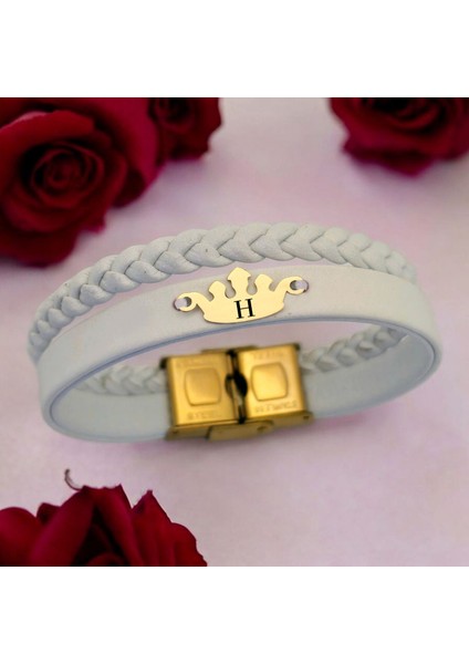 14 Ayar Altın Plakalı H Harfine Özel Hakiki Beyaz Derili Taç Motifli Hediye BILEKLIK-645HARF fiyatları