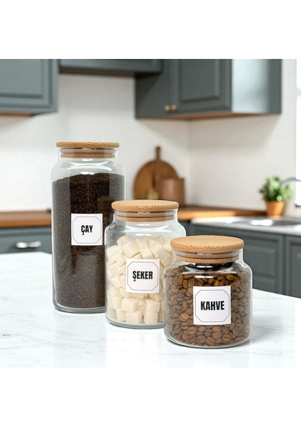 Ahşap Vakum Kapaklı Cam Çay Şeker Kahve Saklama Kavanozu Seti Kahve Köşesi Etiket Hediyeli fiyatları