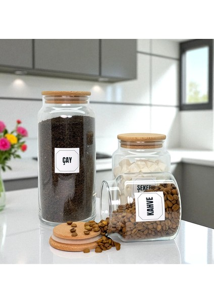 Ahşap Vakum Kapaklı Cam Çay Şeker Kahve Saklama Kavanozu Seti Kahve Köşesi Etiket Hediyeli modelleri