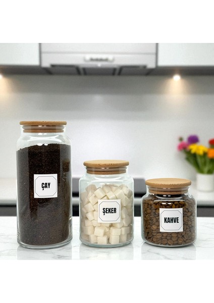 Ahşap Vakum Kapaklı Cam Çay Şeker Kahve Saklama Kavanozu Seti Kahve Köşesi Etiket Hediyeli fırsatları