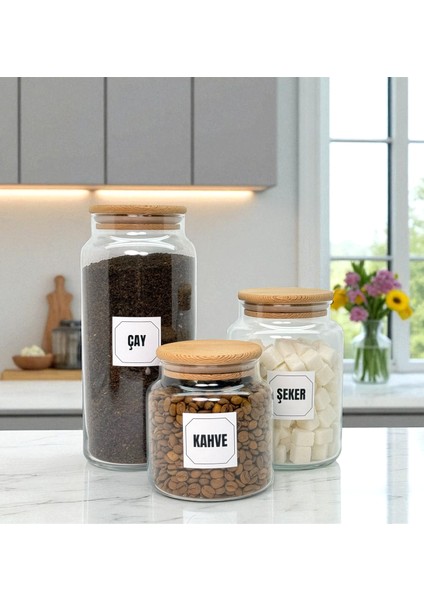 Ahşap Vakum Kapaklı Cam Çay Şeker Kahve Saklama Kavanozu Seti Kahve Köşesi Etiket Hediyeli indirimleri