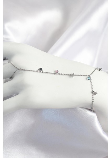 Pirinç Renkli Zirkon Taşlı Sallantılı Yıldızlı Model Gümüş Renk Kadın Şahmeran - PRT3500EB07988