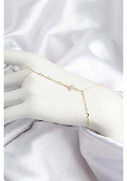 Pirinç Zirkon Taşlı Mavi Boncuklu Yonca Model Gold Renk Şahmeran - PRT3500EB08621