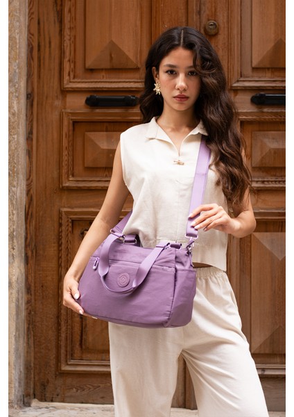 Çok Cepli Kadın Omuz Çantası Orta Boy Günlük HV4016 Açık Mor modelleri