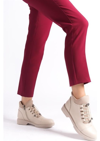 Kadın Krem Streç ve Bağcık Tedaylı Bilek Boy Termo Taban Bot