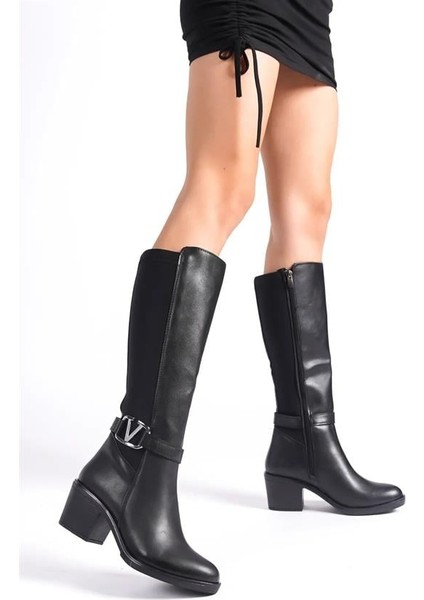 Kadın Siyah Tokalı Topuklu Dalgıç Çizme