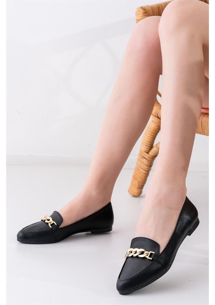 Kadın Lorena Siyah Sivri Burun Zinçir Tokalı Günlük Babet modelleri