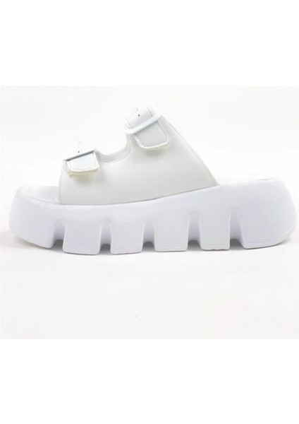 Kadın Beyaz Çift Bant Kalın Taban Ortopedik Sandalet Terlik