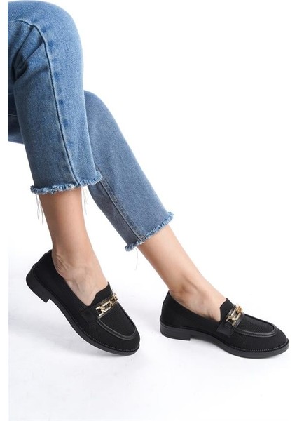 Kadın Eyzy Siyah Triko Tokalı Lofer Mokosen Babet Ayakkabı
