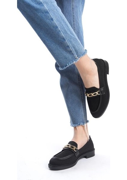 Kadın Eyzy Siyah Triko Tokalı Lofer Mokosen Babet Ayakkabı modelleri