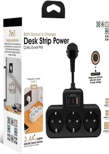 3680W 3’lü Priz Çoklayıcı | Alman Akım Korumalı Saf Bakır | 1xusb + 2xtype-C, 1050J, 3.4A indirimleri