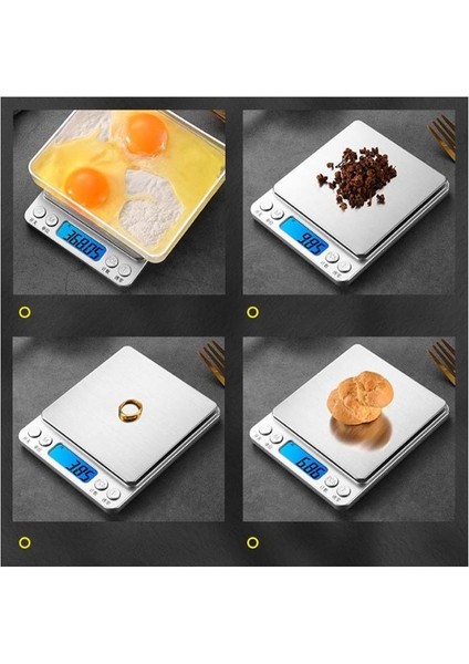 2 Tepsili (Kapaklı) Küçük Dijital Hassas Tartı Sayma Modlu Laboratuvar Kuyumcu Vb. Terazisi LCD Elektronik Mutfak Tartısı (Max: 3 Kg)