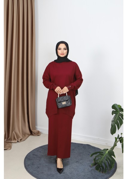 Düğme Detaylı Merserize Etekli Takım