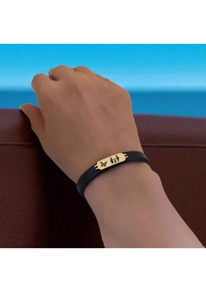 Altın Plakalı 14 Ayar Aile Temalı Doğal Siyah Derili Kelebek Motifli Hediye BILEKLIK-646SEMBOL