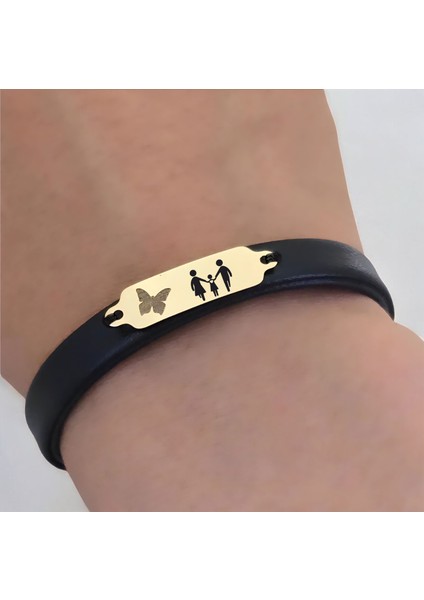 Altın Plakalı 14 Ayar Aile Temalı Doğal Siyah Derili Kelebek Motifli Hediye BILEKLIK-646SEMBOL fırsatları