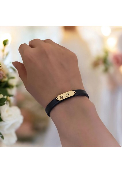 14 Ayar Plakalı Altın I Harfine Özel Kelebek Motifli Doğal Siyah Derili Hediye BILEKLIK-646HARF
