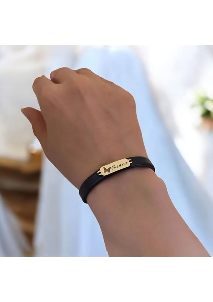 Altın Plakalı 14 Ayar Cansu Ismine Özel Doğal Siyah Derili Kelebek Motifli Hediye BILEKLIK-646ISIM