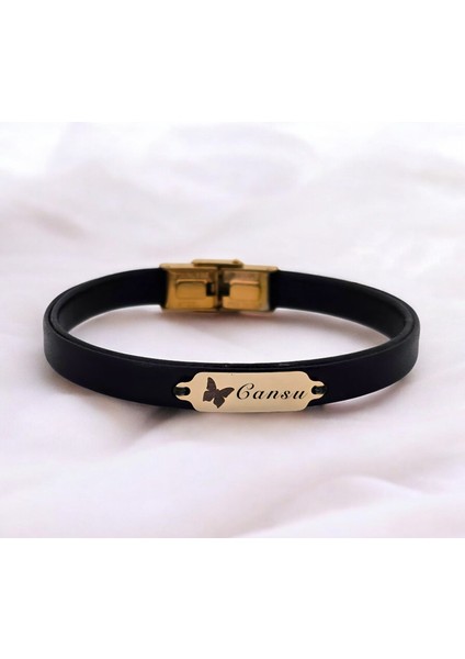 Altın Plakalı 14 Ayar Cansu Ismine Özel Doğal Siyah Derili Kelebek Motifli Hediye BILEKLIK-646ISIM fiyatları