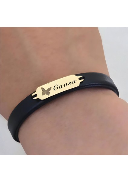 Altın Plakalı 14 Ayar Cansu Ismine Özel Doğal Siyah Derili Kelebek Motifli Hediye BILEKLIK-646ISIM fırsatları