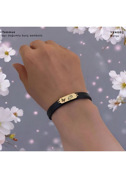 Altın Plakalı 14 Ayar Temmuz Ayı Doğumları Için Kelebek Motifli Siyah Derili Hediye BILEKLIK-646AY