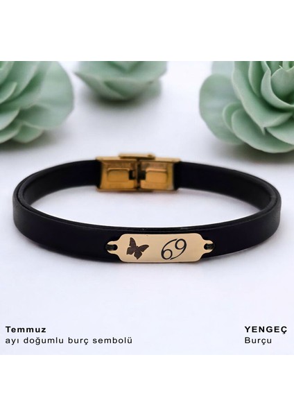 Altın Plakalı 14 Ayar Temmuz Ayı Doğumları Için Kelebek Motifli Siyah Derili Hediye BILEKLIK-646AY fiyatları