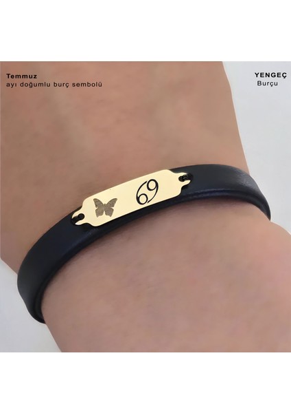 Altın Plakalı 14 Ayar Temmuz Ayı Doğumları Için Kelebek Motifli Siyah Derili Hediye BILEKLIK-646AY fırsatları