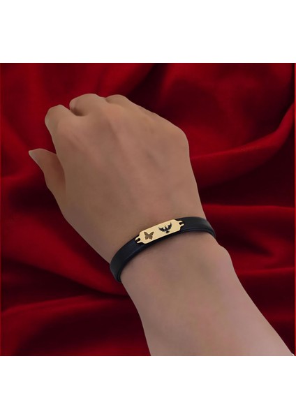 14 Ayar Altın Plakalı Kral Kartal Temalı Siyah Derili Kelebek Motifli Hediye BILEKLIK-646SEMBOL