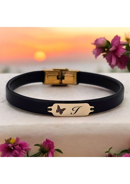 14 Ayar Plakalı Altın I Harfine Özel Kelebek Motifli Doğal Siyah Derili Hediye BILEKLIK-646HARF fiyatları