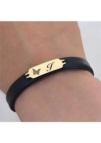 14 Ayar Plakalı Altın I Harfine Özel Kelebek Motifli Doğal Siyah Derili Hediye BILEKLIK-646HARF fırsatları