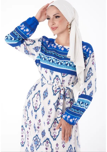 Düz Bisiklet Yaka Kadın Mavi Etnik Desenli Elbise indirimleri