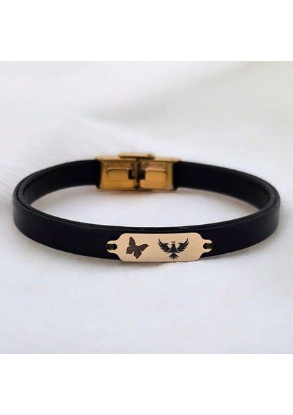 14 Ayar Altın Plakalı Kral Kartal Temalı Siyah Derili Kelebek Motifli Hediye BILEKLIK-646SEMBOL fiyatları
