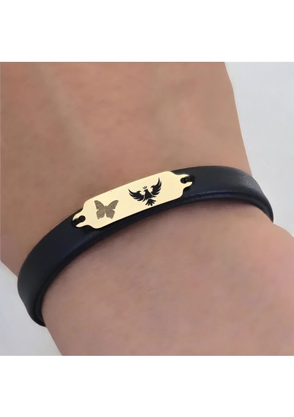 14 Ayar Altın Plakalı Kral Kartal Temalı Siyah Derili Kelebek Motifli Hediye BILEKLIK-646SEMBOL fırsatları