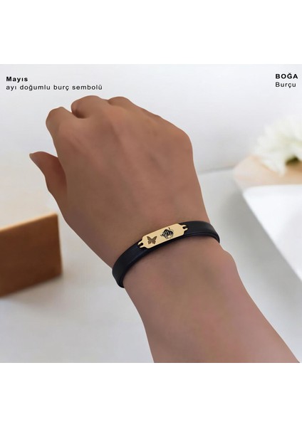 Altın Plakalı 14 Ayar Boğa Burçlarına Özel Siyah Derili Kelebek Motifli Hediye BILEKLIK-646BURÇ