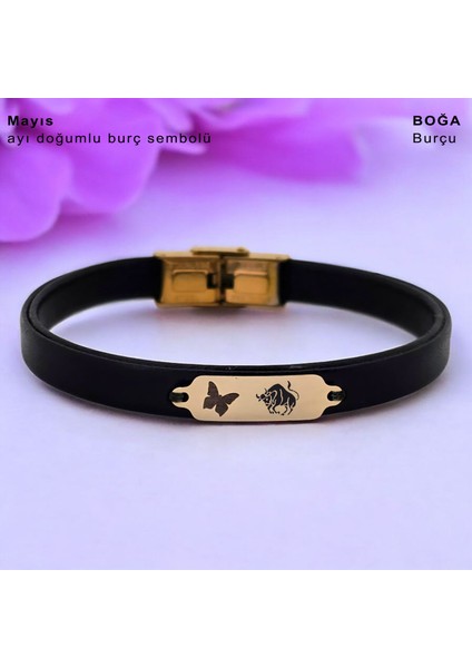 Altın Plakalı 14 Ayar Boğa Burçlarına Özel Siyah Derili Kelebek Motifli Hediye BILEKLIK-646BURÇ fiyatları