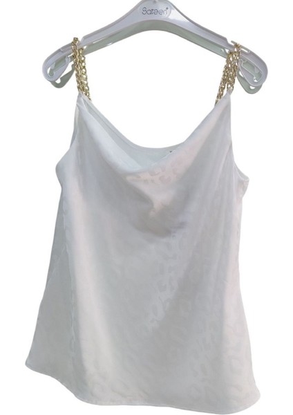 Zincir Askılı Degaje Yaka Görünümlü Jakarlı Saten Bluz fırsatları