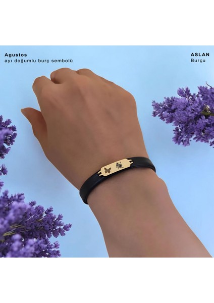 14 Ayar Altın Plakalı Aslan Burçlarına Özel Siyah Derili Kelebek Motifli Hediye BILEKLIK-646BURÇ