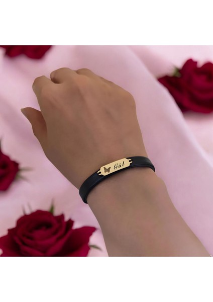 14 Ayar Plakalı Altın Gül Ismine Özel Doğal Siyah Derili Kelebek Motifli Hediye BILEKLIK-646ISIM