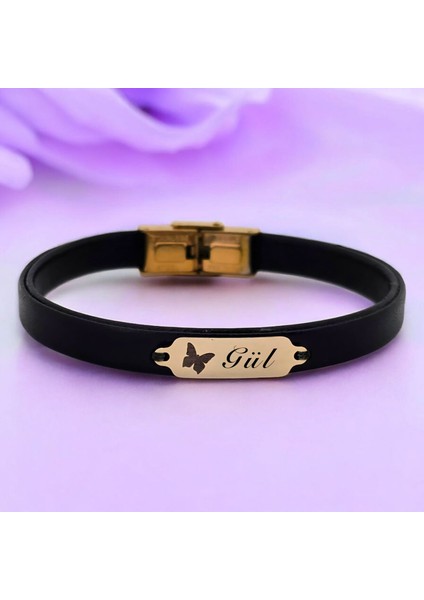 14 Ayar Plakalı Altın Gül Ismine Özel Doğal Siyah Derili Kelebek Motifli Hediye BILEKLIK-646ISIM fiyatları