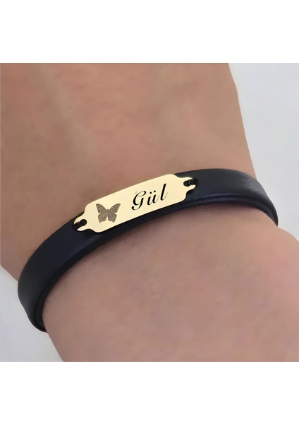 14 Ayar Plakalı Altın Gül Ismine Özel Doğal Siyah Derili Kelebek Motifli Hediye BILEKLIK-646ISIM fırsatları