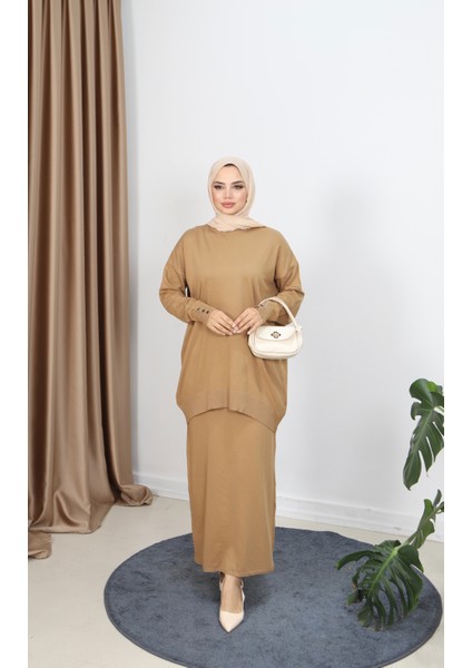 Düğme Detaylı Merserize Etekli Takım