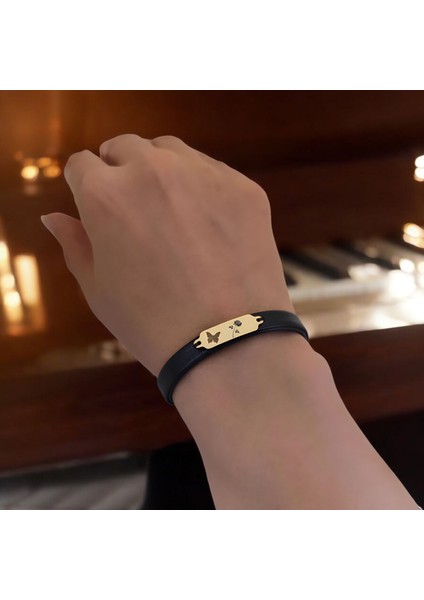 14 Ayar Plakalı Altın Gül Temalı Kelebek Motifli Doğal Siyah Derili Hediye BILEKLIK-646SEMBOL