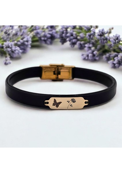 14 Ayar Plakalı Altın Gül Temalı Kelebek Motifli Doğal Siyah Derili Hediye BILEKLIK-646SEMBOL fiyatları