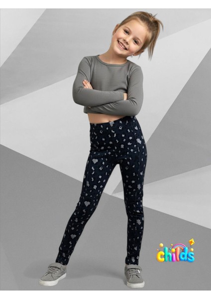 Leopar Desen Çelik Interlok Her Mevsime Uygun Nervürlü Kız Çocuk Tayt